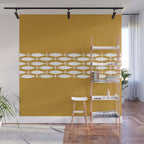 Fish Stripe 6 Minimalist Midcentury Modern Fish Pattern in White, Navy Blue, and Dark Mustard  Wall Mural Gallery Image 1