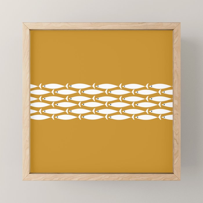 Fish Stripe 6 Minimalist Midcentury Modern Fish Pattern in White, Navy Blue, and Dark Mustard  Mini Art Print Gallery Image 1
