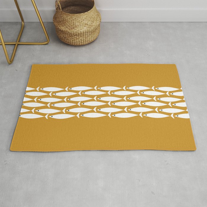 Fish Stripe 6 Minimalist Midcentury Modern Fish Pattern in White, Navy Blue, and Dark Mustard  Rug Gallery Image 1