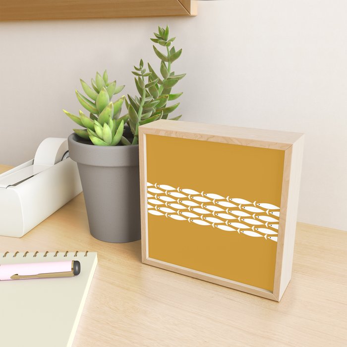 Fish Stripe 6 Minimalist Midcentury Modern Fish Pattern in White, Navy Blue, and Dark Mustard  Mini Art Print Gallery Image 2