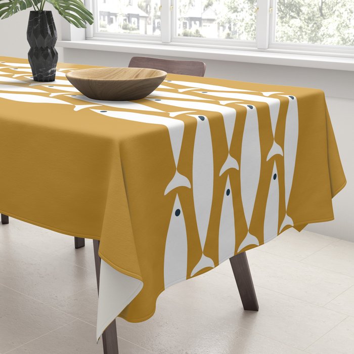 Fish Stripe 6 Minimalist Midcentury Modern Fish Pattern in White, Navy Blue, and Dark Mustard  Tablecloth Gallery Image 3