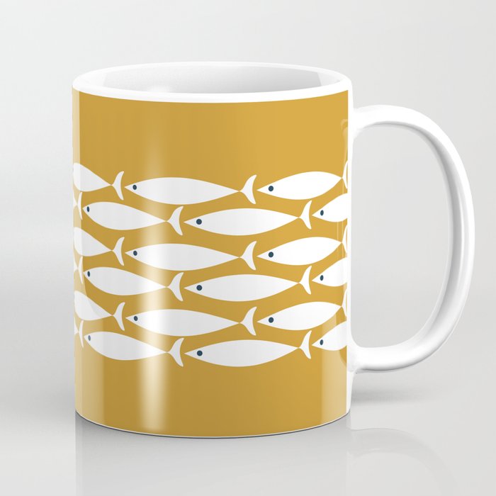 Fish Stripe 6 Minimalist Midcentury Modern Fish Pattern in White, Navy Blue, and Dark Mustard  Coffee Mug Gallery Image 1