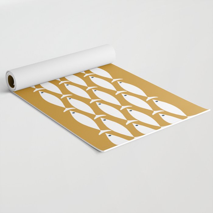 Fish Stripe 6 Minimalist Midcentury Modern Fish Pattern in White, Navy Blue, and Dark Mustard  Yoga Mat Gallery Image 2