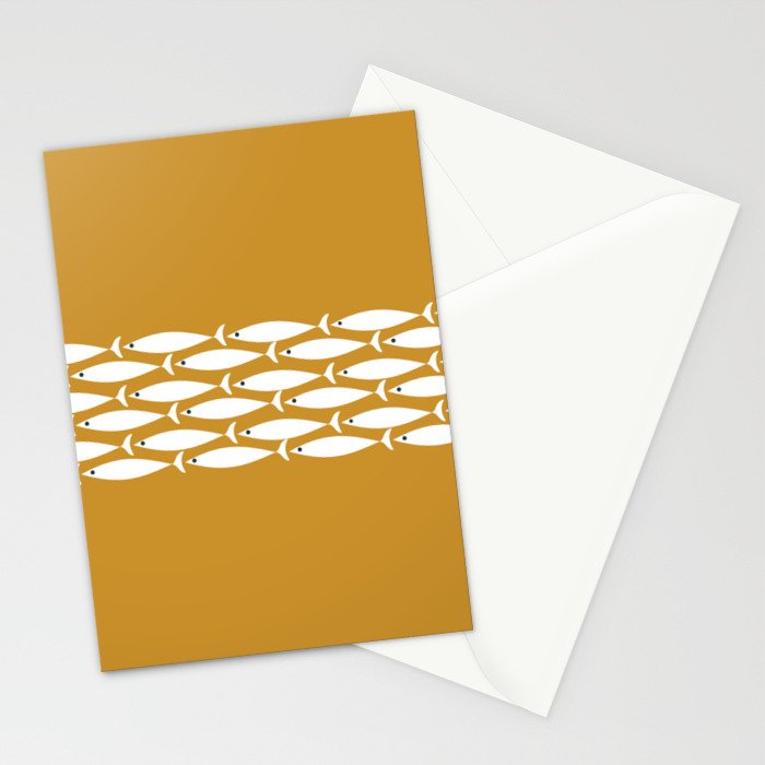 Fish Stripe 6 Minimalist Midcentury Modern Fish Pattern in White, Navy Blue, and Dark Mustard  Stationery Card Gallery Image 2