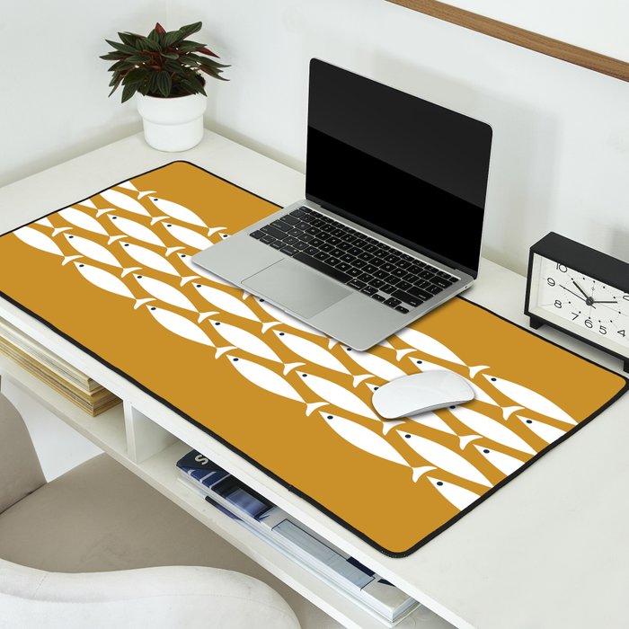 Fish Stripe 6 Minimalist Midcentury Modern Fish Pattern in White, Navy Blue, and Dark Mustard  Desk Mat Gallery Image 2