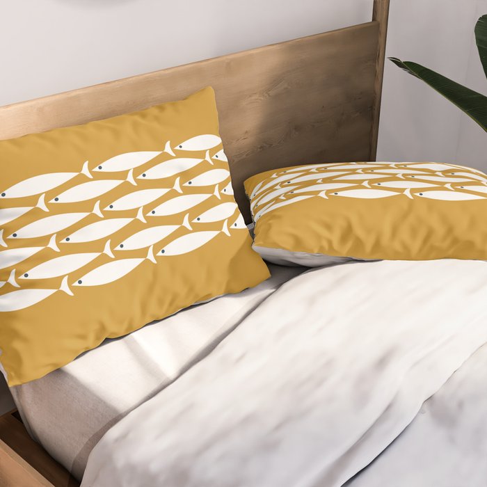 Fish Stripe 6 Minimalist Midcentury Modern Fish Pattern in White, Navy Blue, and Dark Mustard  Pillow Sham Gallery Image 2