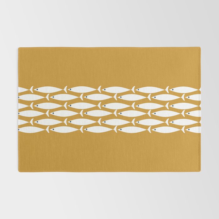 Fish Stripe 6 Minimalist Midcentury Modern Fish Pattern in White, Navy Blue, and Dark Mustard  Rug Gallery Image 2