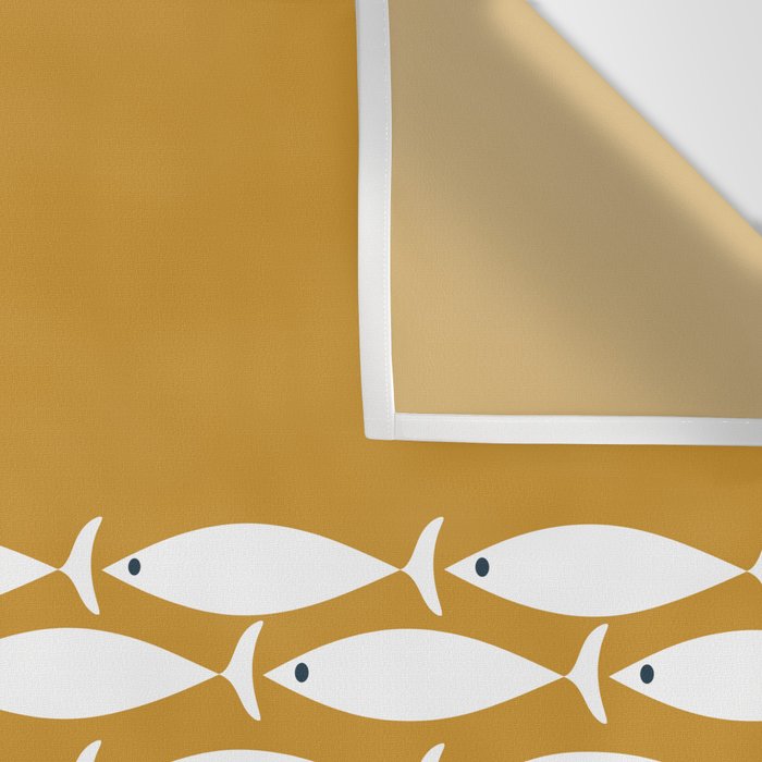 Fish Stripe 6 Minimalist Midcentury Modern Fish Pattern in White, Navy Blue, and Dark Mustard  Wall Tapestry Gallery Image 3