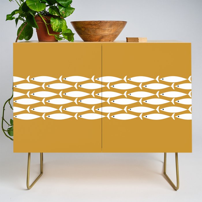 Fish Stripe 6 Minimalist Midcentury Modern Fish Pattern in White, Navy Blue, and Dark Mustard  Credenza Gallery Image 1