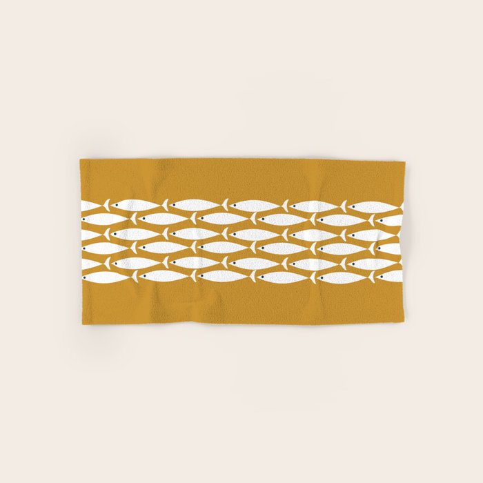 Fish Stripe 6 Minimalist Midcentury Modern Fish Pattern in White, Navy Blue, and Dark Mustard  Bath Towel Gallery Image 1
