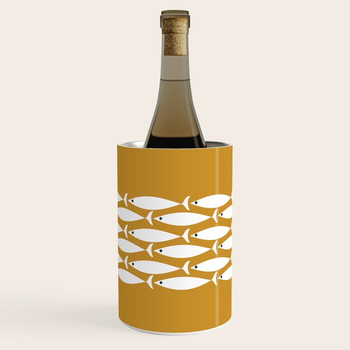 Fish Stripe 6 Minimalist Midcentury Modern Fish Pattern in White, Navy Blue, and Dark Mustard  Wine Chiller Gallery Image 2