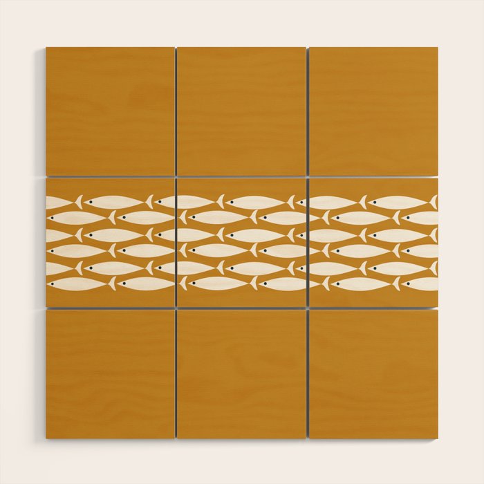 Fish Stripe 6 Minimalist Midcentury Modern Fish Pattern in White, Navy Blue, and Dark Mustard  Wood Wall Art Gallery Image 1