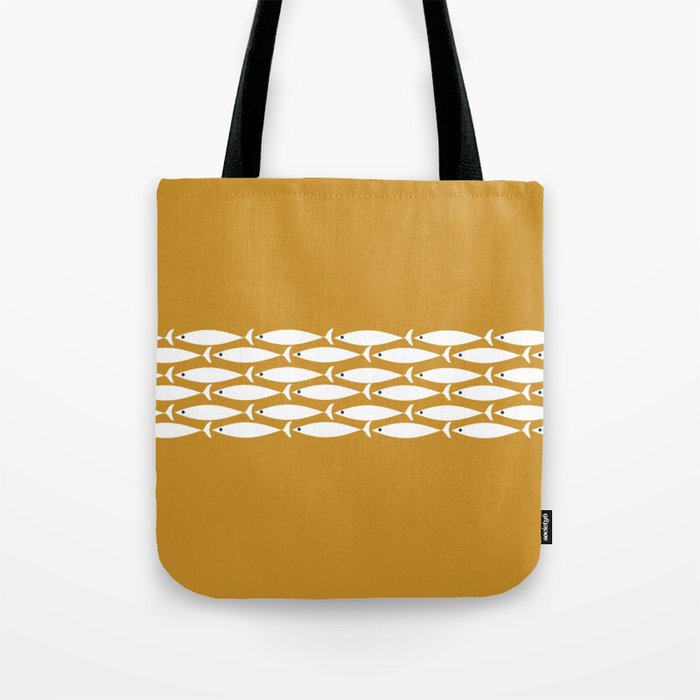 Fish Stripe 6 Minimalist Midcentury Modern Fish Pattern in White, Navy Blue, and Dark Mustard  Tote Bag Gallery Image 1