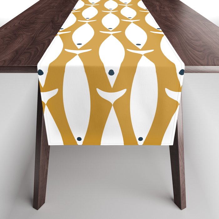 Fish Stripe 6 Minimalist Midcentury Modern Fish Pattern in White, Navy Blue, and Dark Mustard  Table Runner Gallery Image 1