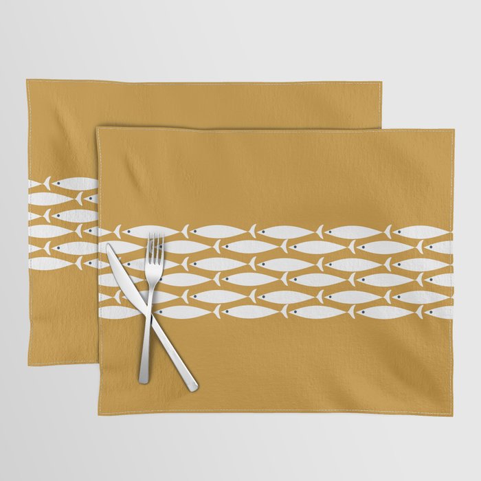 Fish Stripe 6 Minimalist Midcentury Modern Fish Pattern in White, Navy Blue, and Dark Mustard  Placemat Gallery Image 1