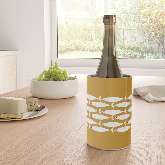 Fish Stripe 6 Minimalist Midcentury Modern Fish Pattern in White, Navy Blue, and Dark Mustard  Wine Chiller Gallery Image 4