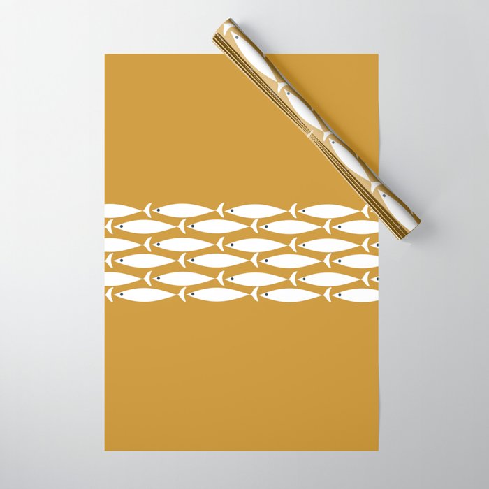 Fish Stripe 6 Minimalist Midcentury Modern Fish Pattern in White, Navy Blue, and Dark Mustard  Wrapping Paper Gallery Image 1