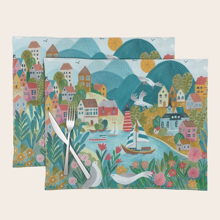 Coastal village sailing landscape Placemat Gallery Image 1