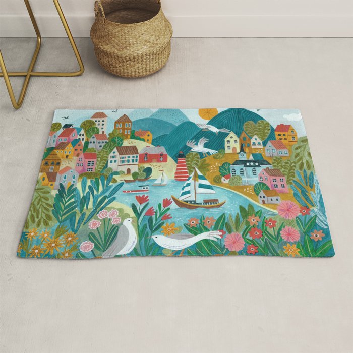 Coastal village sailing landscape Rug Gallery Image 1