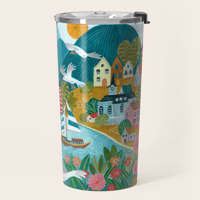 Coastal village sailing landscape Travel Mug Gallery Image 2