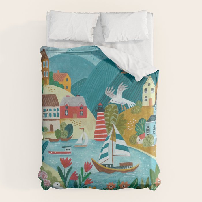 Coastal village sailing landscape Duvet Cover Gallery Image 6