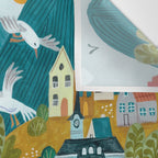Coastal village sailing landscape Wall Tapestry Gallery Image 3