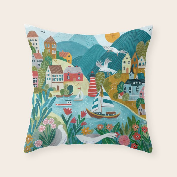 Coastal village sailing landscape Throw Pillow Gallery Image 1