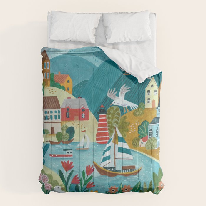Coastal village sailing landscape Comforter Gallery Image 1