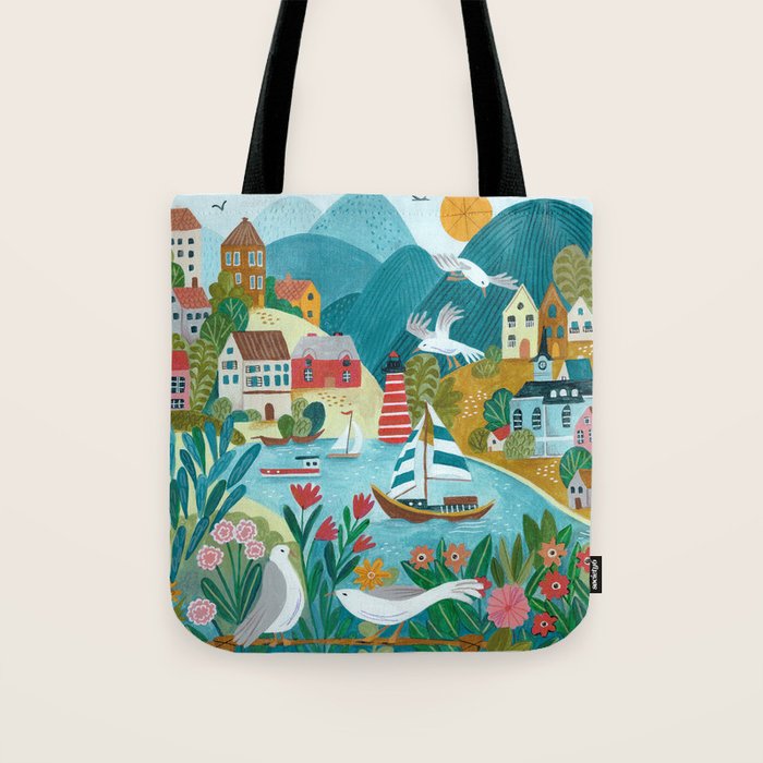 Coastal village sailing landscape Tote Bag Gallery Image 1