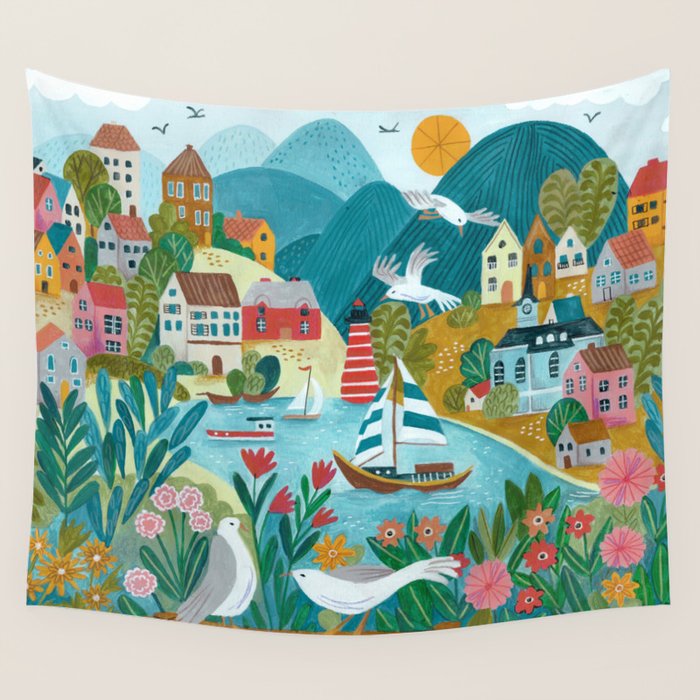 Coastal village sailing landscape Wall Tapestry Gallery Image 1