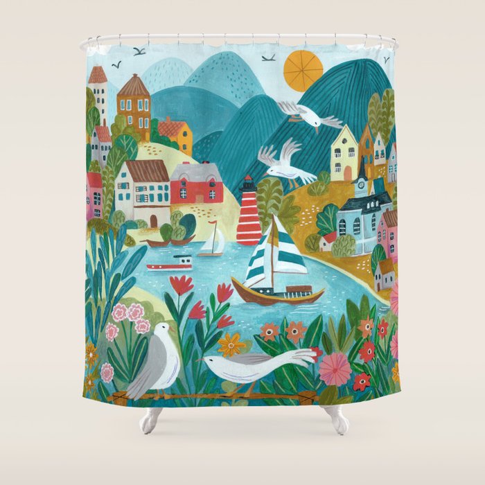 Coastal village sailing landscape Shower Curtain Gallery Image 1