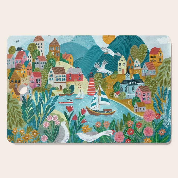 Coastal village sailing landscape Cutting Board Gallery Image 1