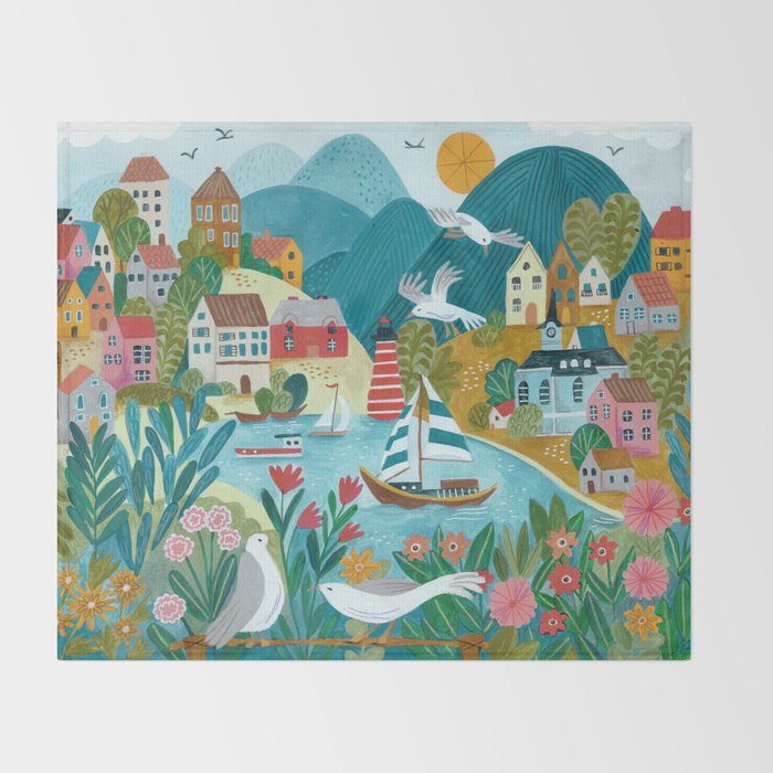 Coastal village sailing landscape Throw Blanket Gallery Image 2