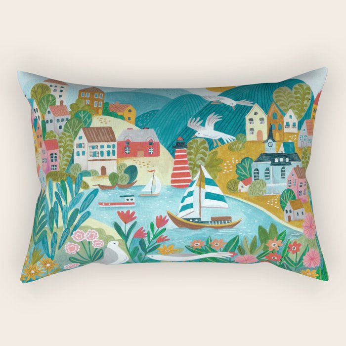 Coastal village sailing landscape Rectangular Pillow Gallery Image 1