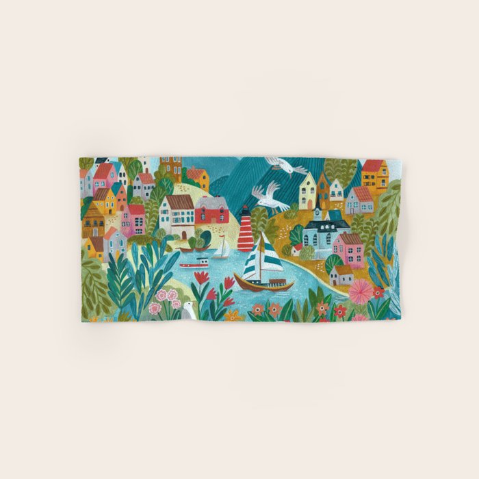 Coastal village sailing landscape Bath Towel Gallery Image 1