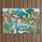 Coastal village sailing landscape Outdoor Rug Gallery Image 1
