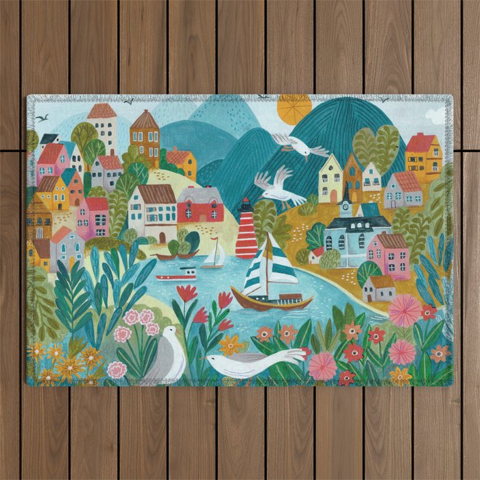 Coastal village sailing landscape Outdoor Rug Gallery Image 1
