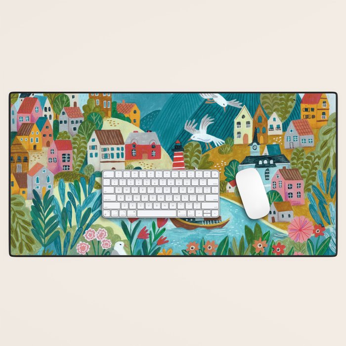 Coastal village sailing landscape Desk Mat Gallery Image 1