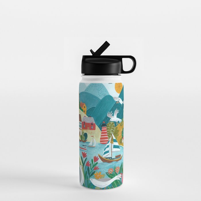 Coastal village sailing landscape Water Bottle Gallery Image 1