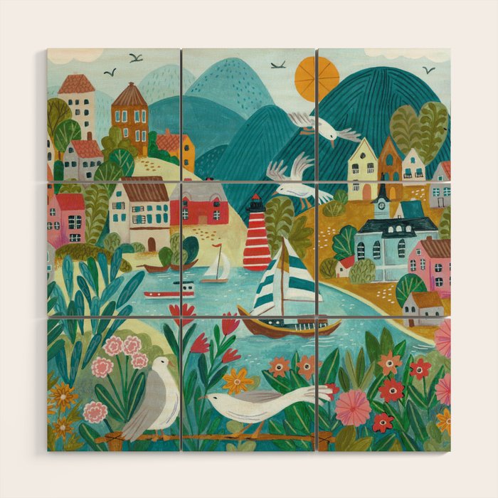 Coastal village sailing landscape Wood Wall Art Gallery Image 1