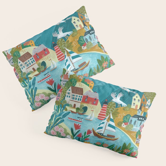 Coastal village sailing landscape Pillow Sham Gallery Image 1