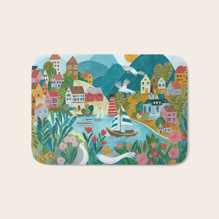 Coastal village sailing landscape Bath Mat Gallery Image 1