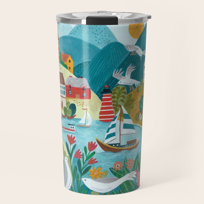 Coastal village sailing landscape Travel Mug Gallery Image 1