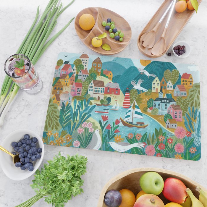 Coastal village sailing landscape Cutting Board Gallery Image 2
