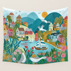 Coastal village sailing landscape Wall Tapestry Gallery Image 4