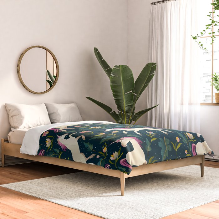 Unicorns on a dark background with a fairy forest Comforter Gallery Image 2