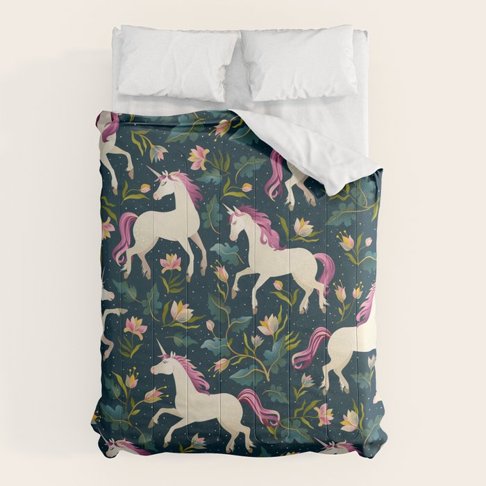 Unicorns on a dark background with a fairy forest Comforter Gallery Image 1