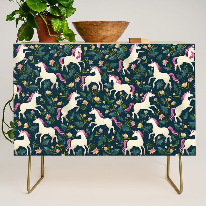 Unicorns on a dark background with a fairy forest Credenza Gallery Image 1