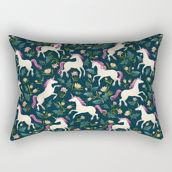 Unicorns on a dark background with a fairy forest Rectangular Pillow Gallery Image 1