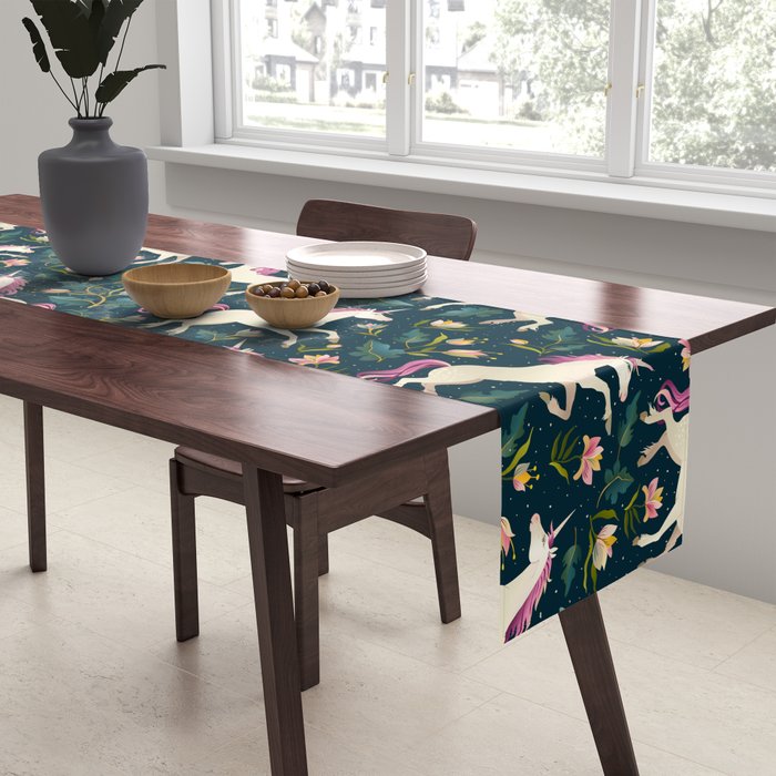 Unicorns on a dark background with a fairy forest Table Runner Gallery Image 2